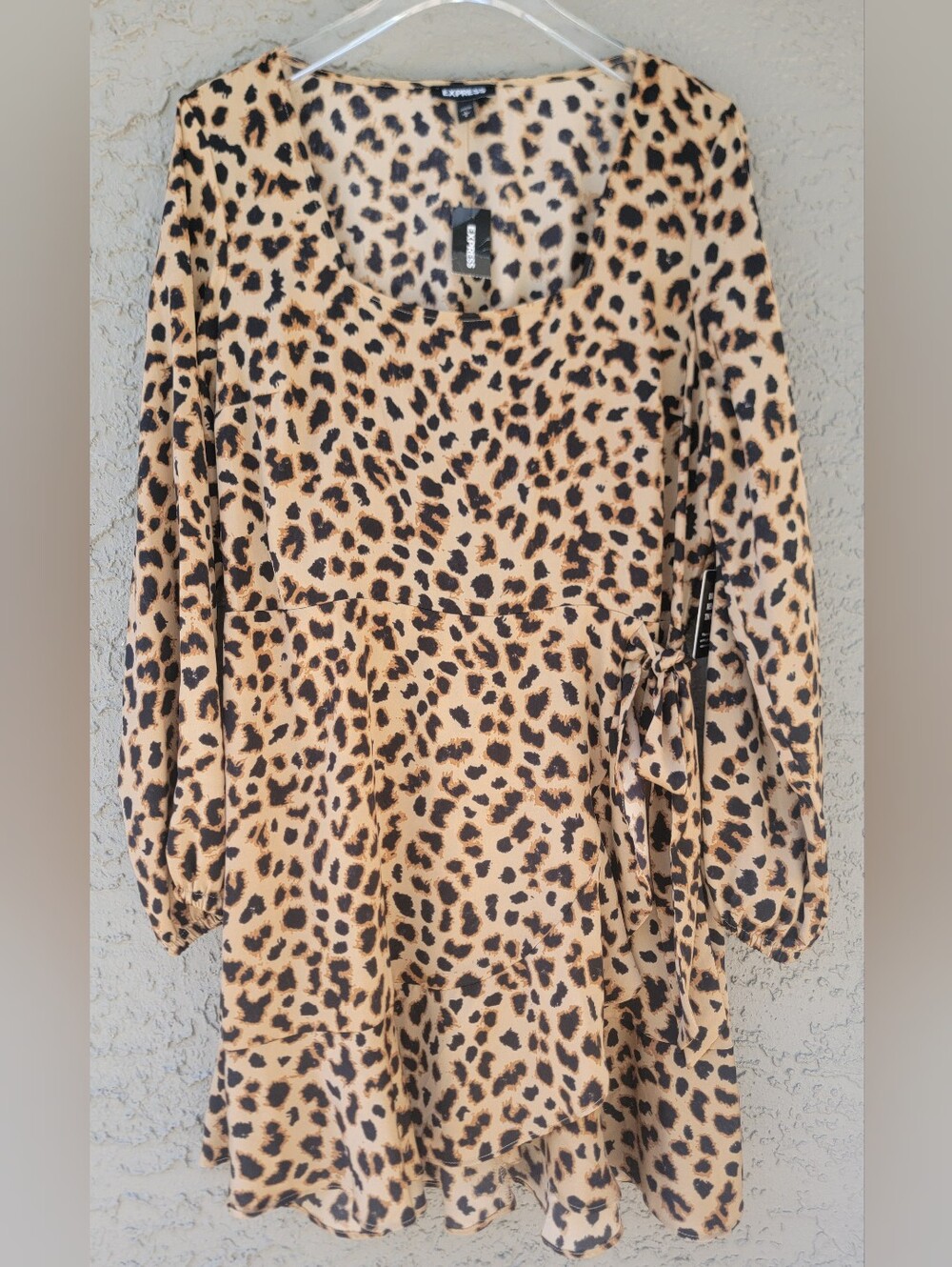 Express Leopard Print Long Sleeve Wrap Dress in Tan and Black - Picture 4 of 13